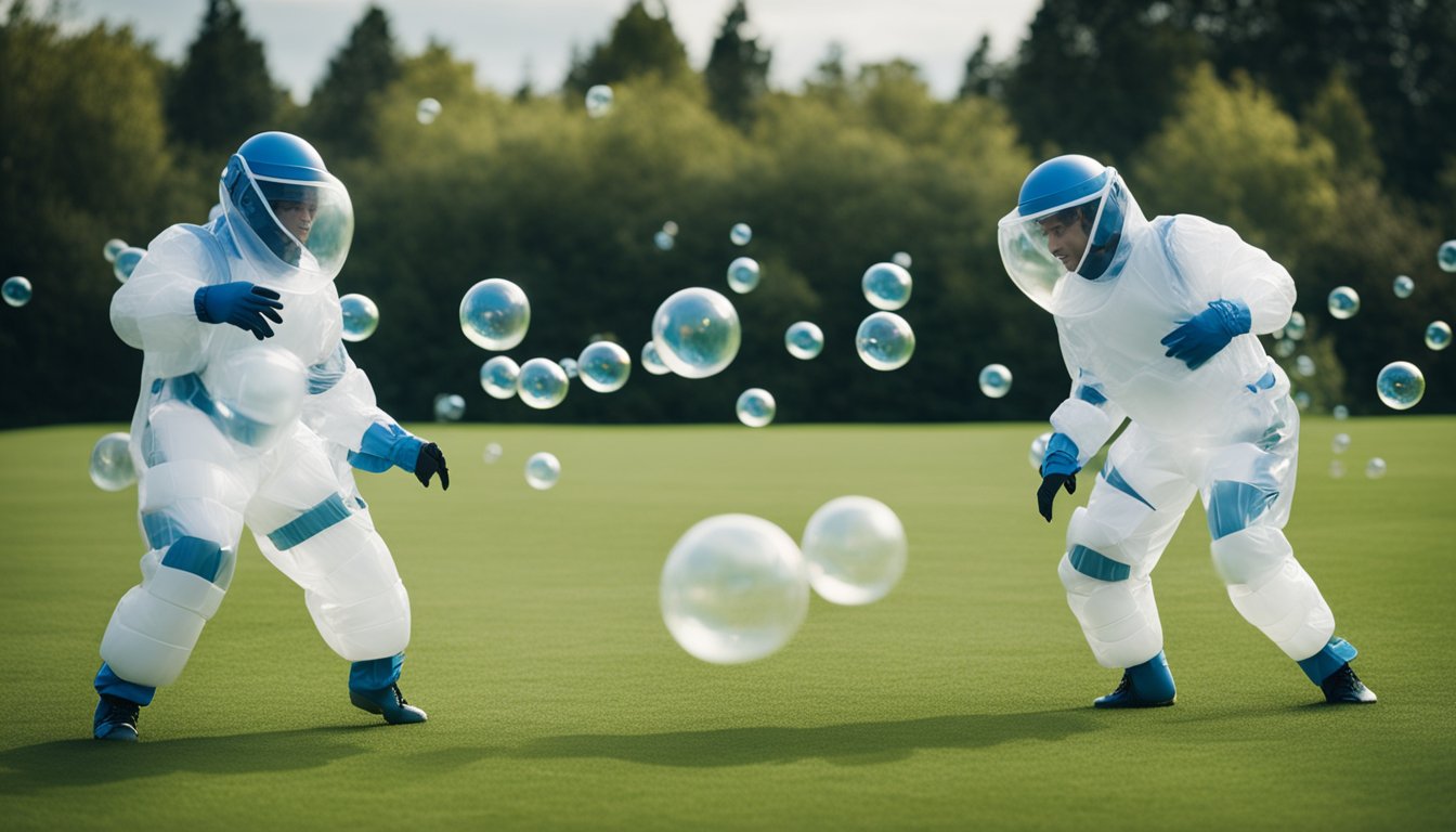 Players in bubble suits collide on a grass field. Plastic bubbles bounce off each other, as the game leaves a minimal environmental footprint