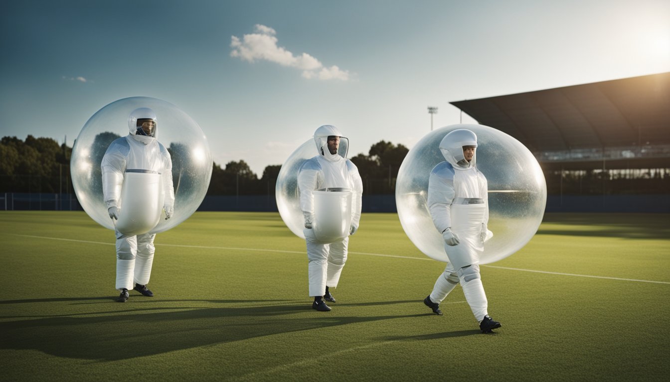 Players in bubble suits kick a biodegradable ball on a grass field. Solar panels power the stadium lights, and recycling bins line the sidelines