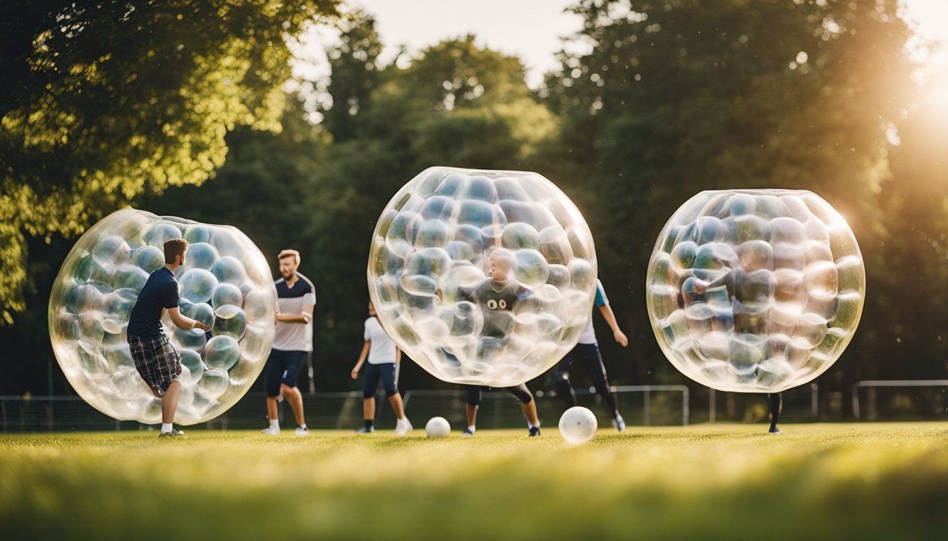 A group of people playing bubble football in a park, with the sound of laughter and bouncing bubbles filling the air. The grassy field is surrounded by trees, and the sun is shining in the sky