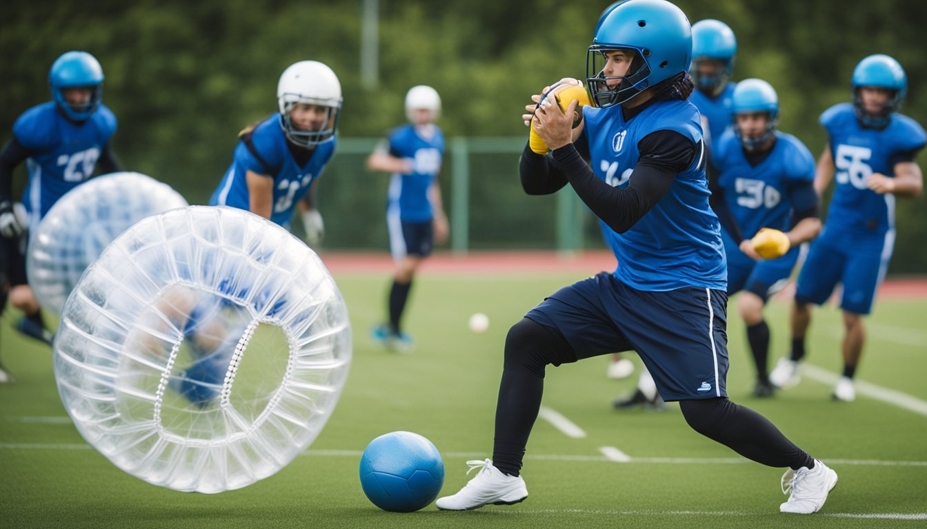 Players wearing protective gear, such as helmets and padding, engage in bubble football. They follow safety guidelines, including proper tackling techniques and warm-up exercises