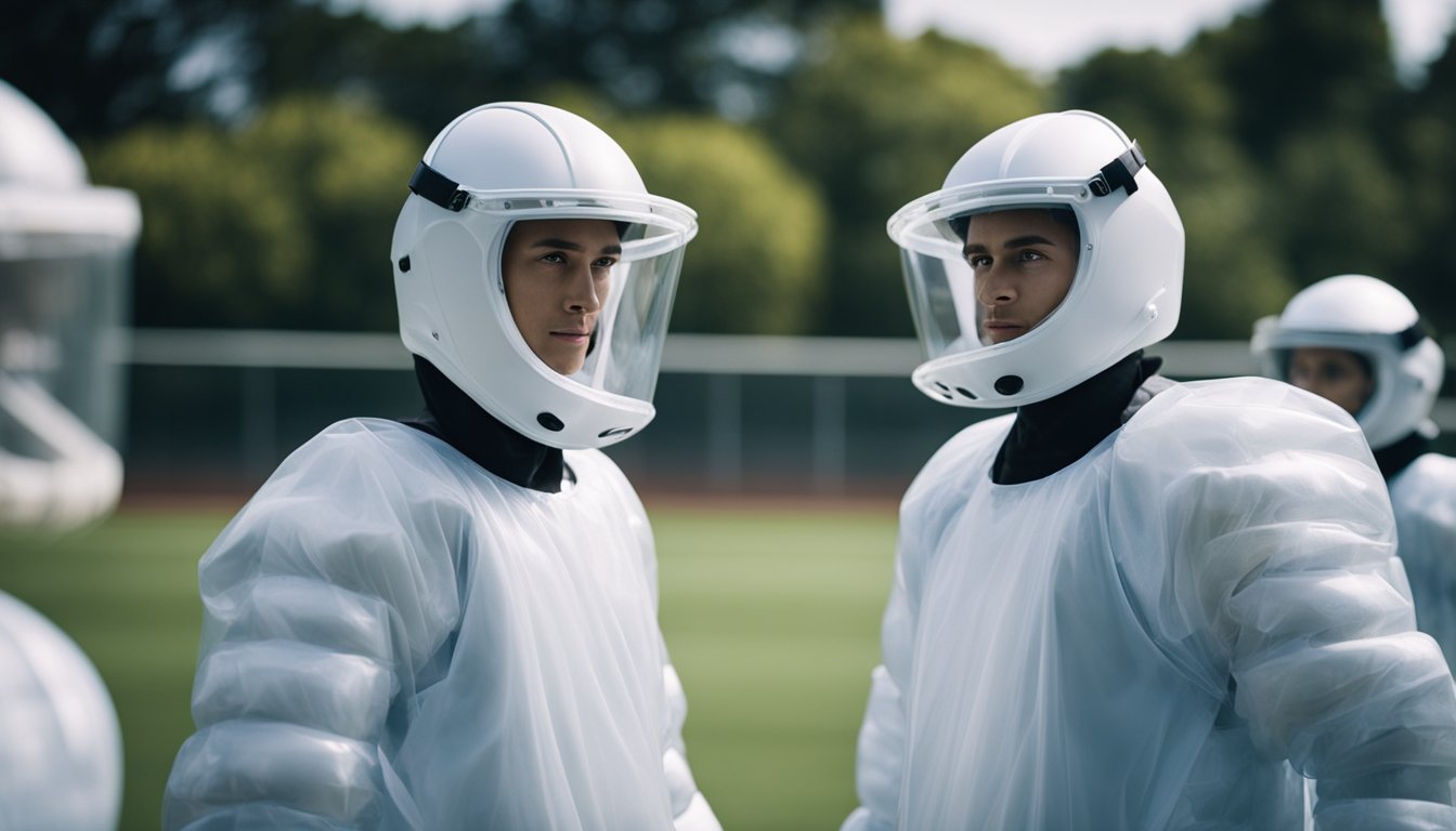 Players wearing protective gear, bumping into each other in bubble suits, while following safety guidelines