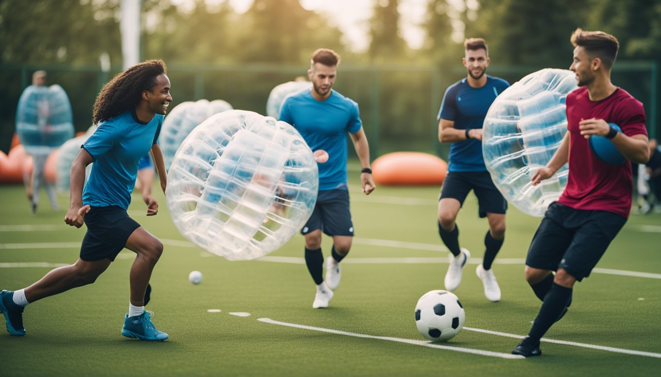 A group of people playing bubble football, following injury prevention tips