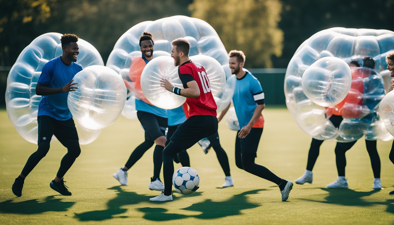 A group of players wearing inflatable bubbles bump into each other and laugh, while playing bubble football for team bonding