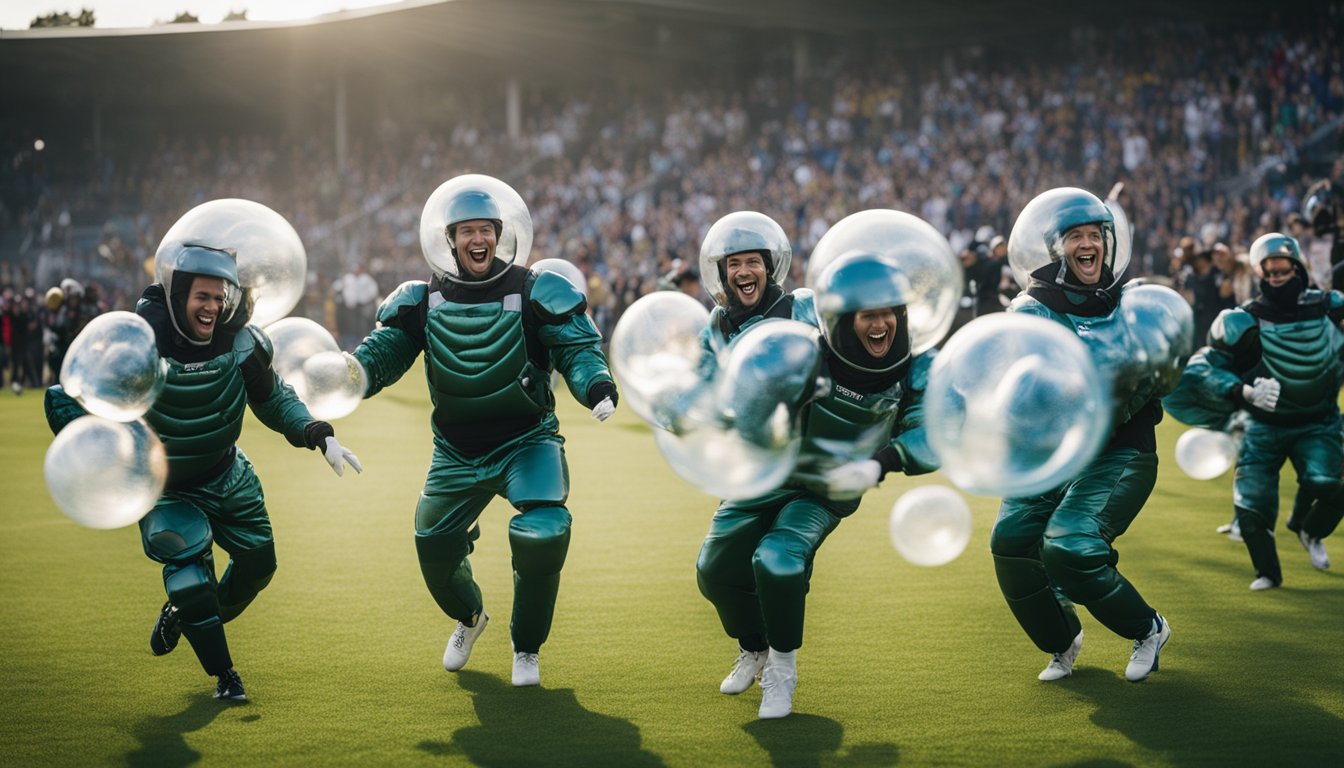 Players wearing bubble suits, laughing and colliding on a grass field, with a crowd cheering in the background