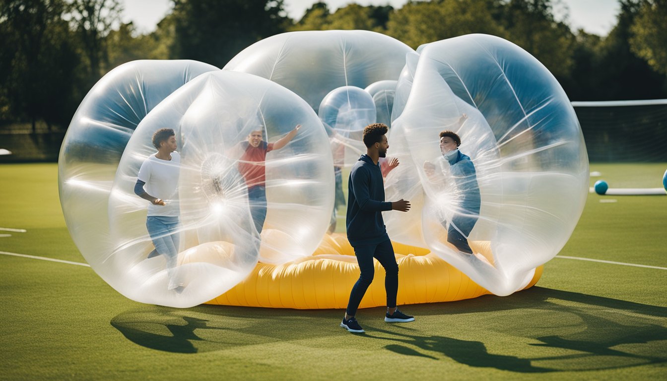 A group of people inside large inflatable bubbles, playing a game of bubble football. Laughter and excitement fill the air as they bond through the fun activity