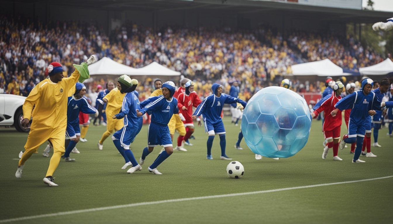 Players in bubble suits kick a soccer ball, surrounded by cheering spectators, while a banner promotes fundraising efforts