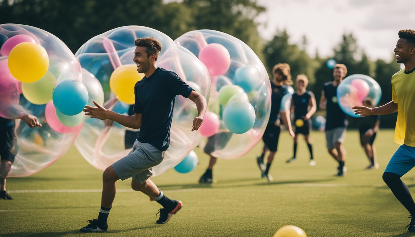 A group of people playing bubble football at a lively fundraising event, with colorful bubbles bouncing around a field