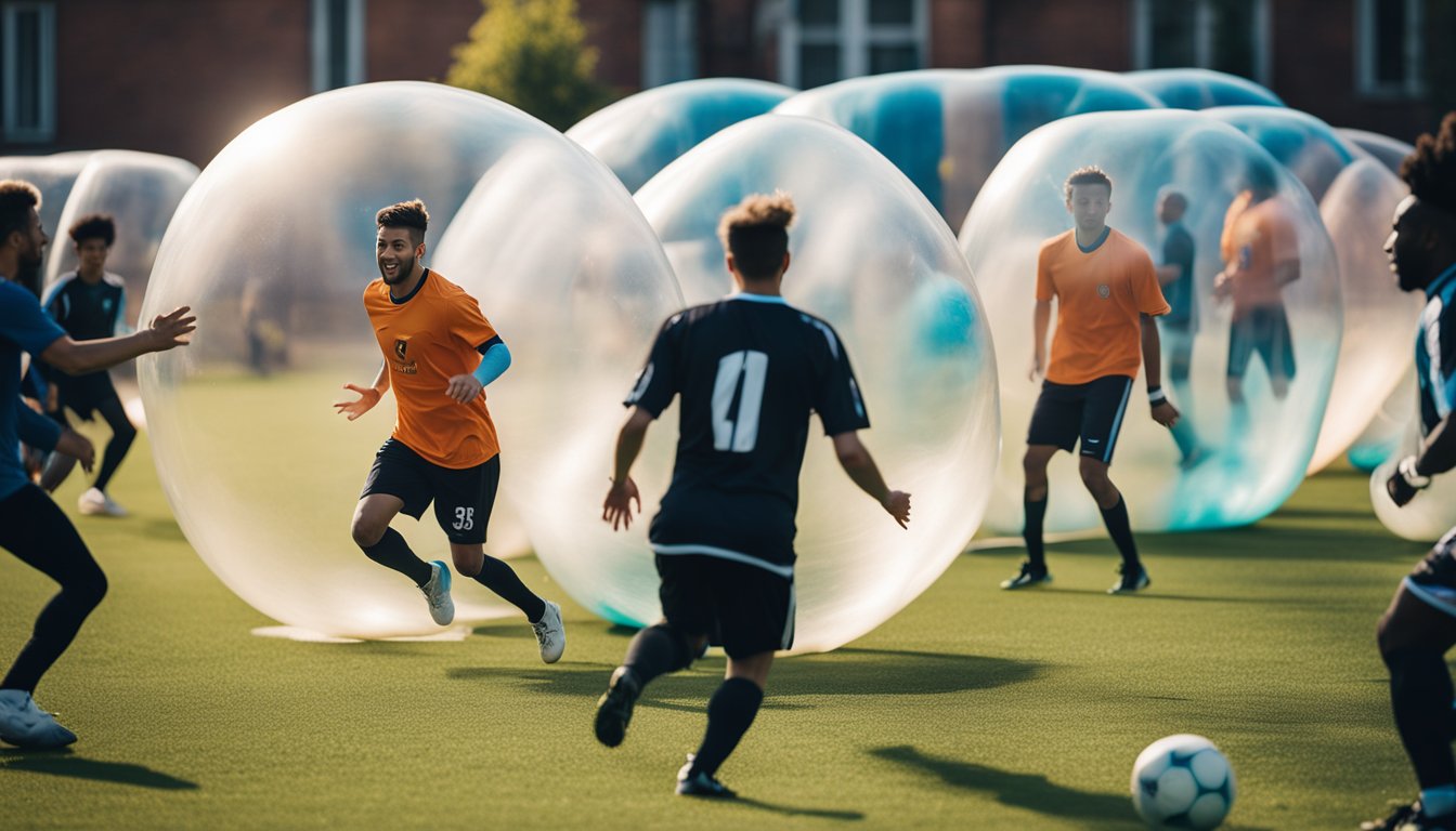 A group of people play bubble football on a digital platform, raising funds for a cause. The players are in giant inflatable bubbles, kicking a soccer ball around. The screen shows donation progress and a call to action