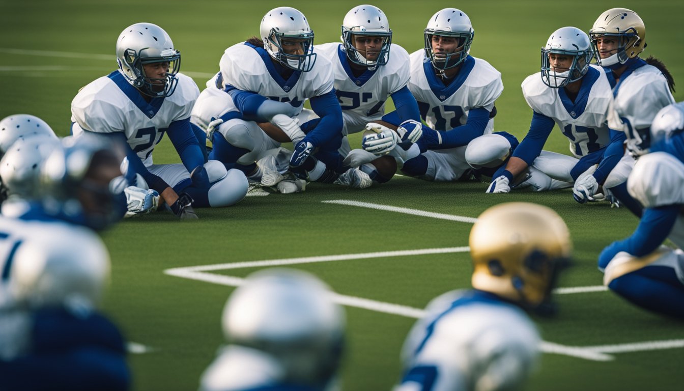 Players strategize on a grass field, wearing bubble suits. They huddle, pointing and gesturing, planning their next move