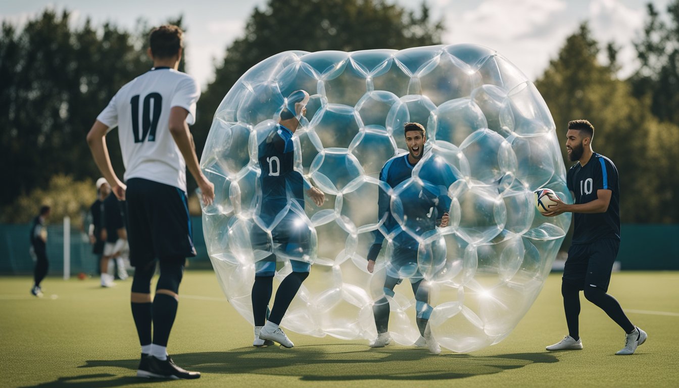 Players strategize in a bubble football match. FAQs bubble hovers in the background. Excitement and focus fill the air