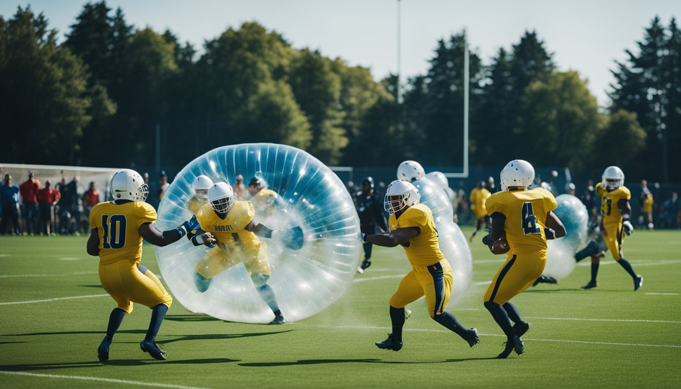 Players in bubble suits collide and bounce on a grassy field. Spectators cheer from the sidelines as the game unfolds