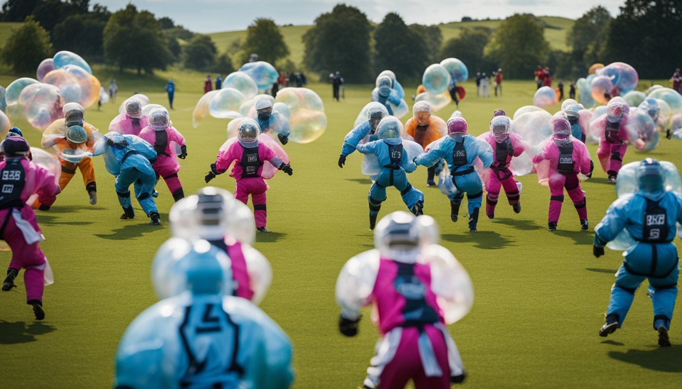 Players in bubble suits collide on a grassy field, surrounded by cheering spectators and colorful banners. The UK landscape provides a scenic backdrop for the action-packed game