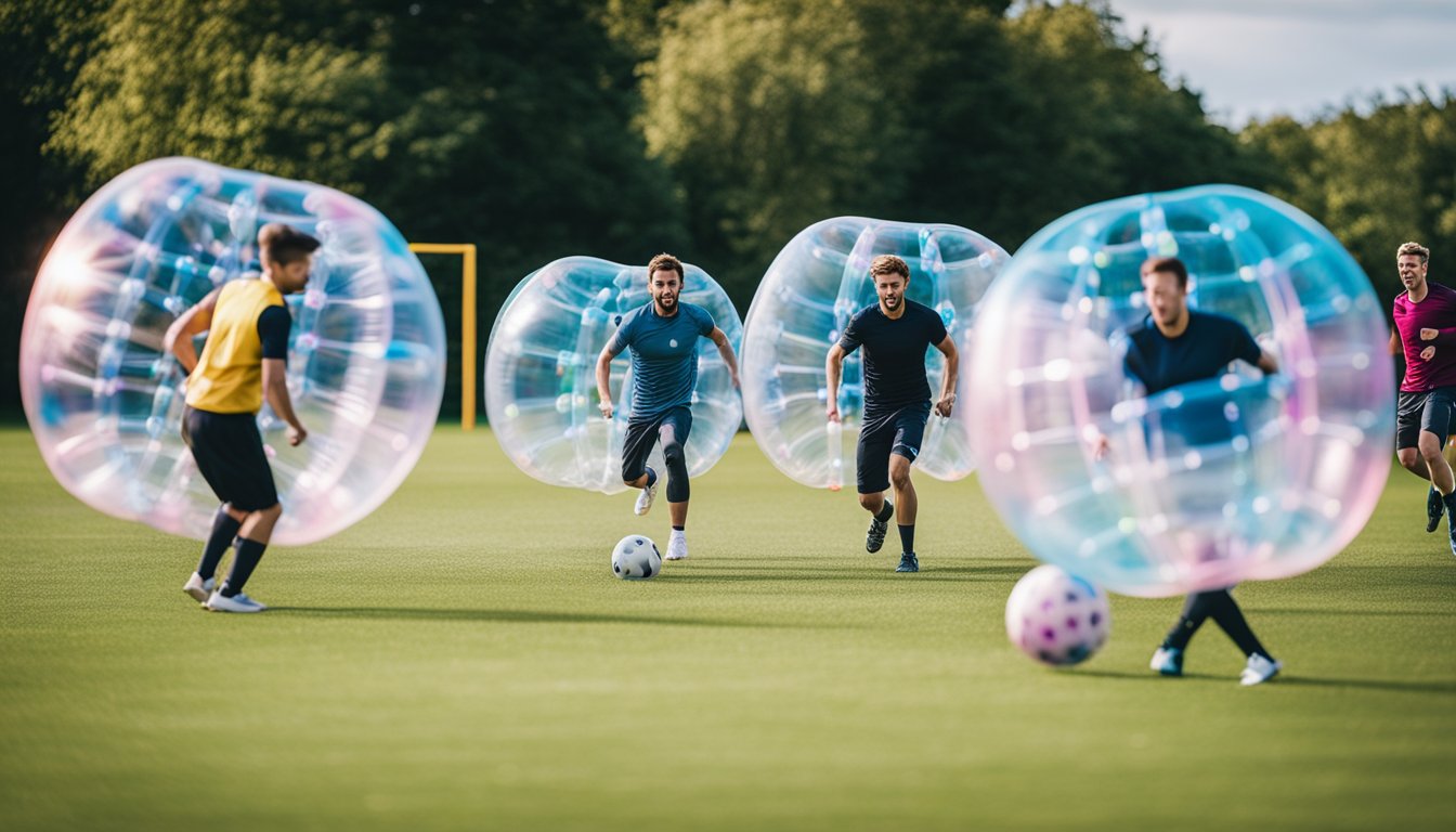 A group of people playing bubble football in a vibrant outdoor location in the UK, with colorful bubbles bouncing around the field