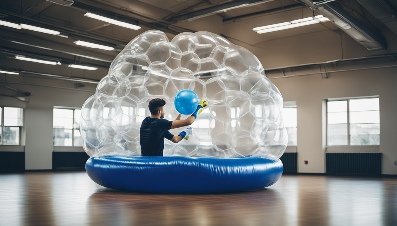 A person inflates bubble football suits using an air pump in a spacious, well-lit room with clear instructions and safety precautions posted on the wall