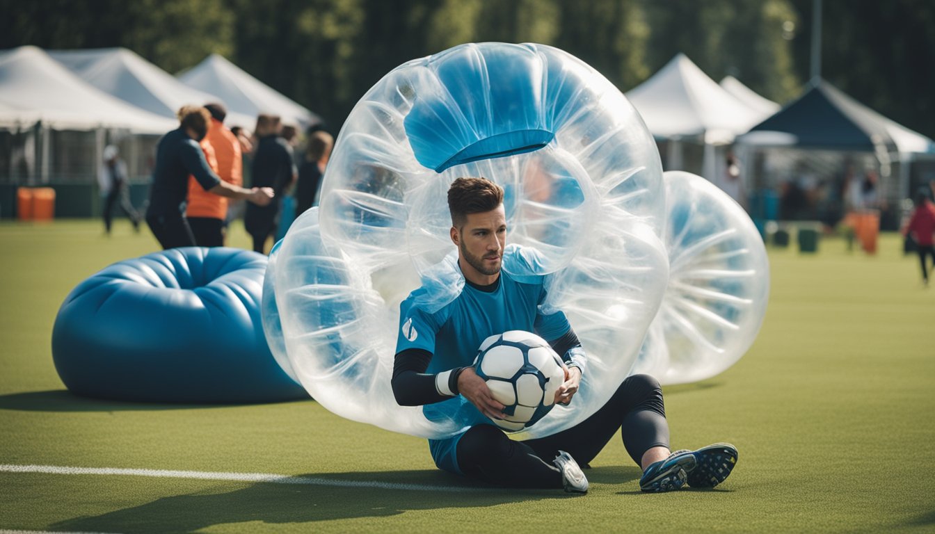 A person inflates bubble football suits using an air pump. Suits expand and take shape, ready for use