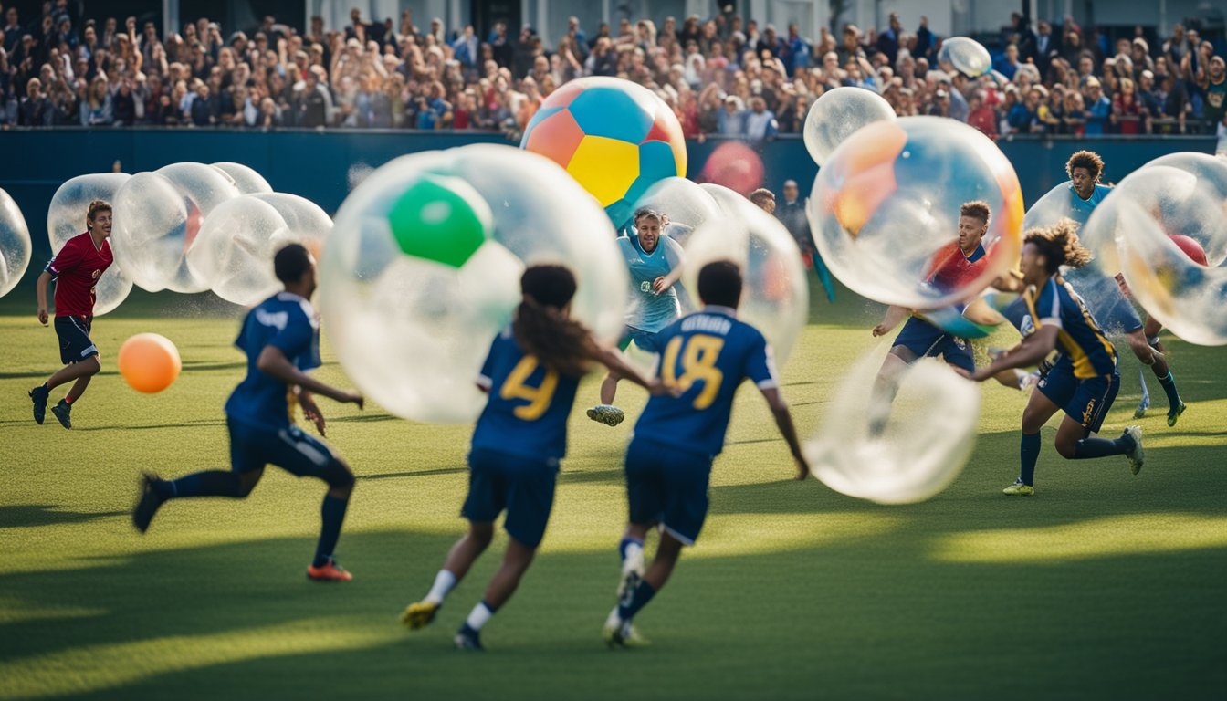 Players in inflatable bubbles collide and bounce while chasing the ball on a grassy field, surrounded by cheering spectators and colorful banners