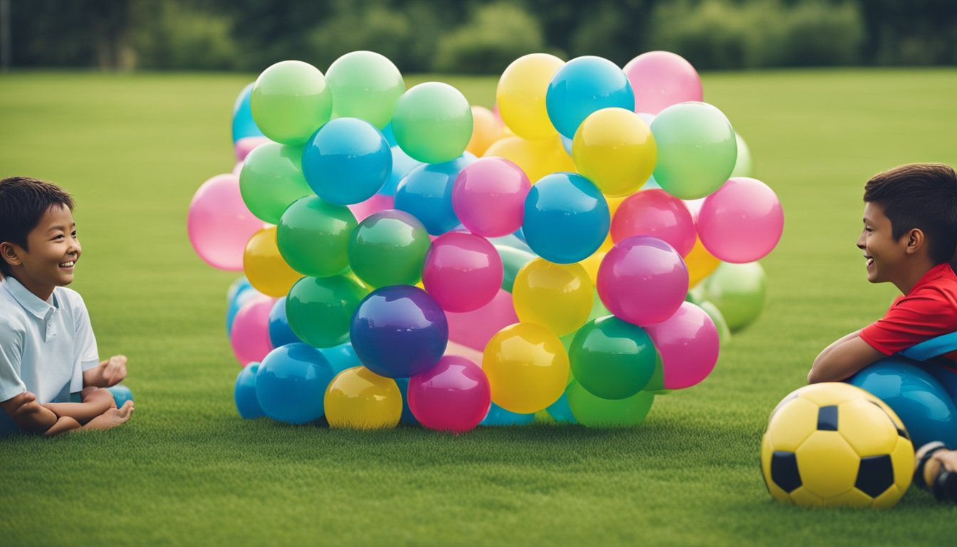 A group of colorful bubble suits arranged on a grassy field, with a soccer ball in the center and excited families gathered around, ready to play