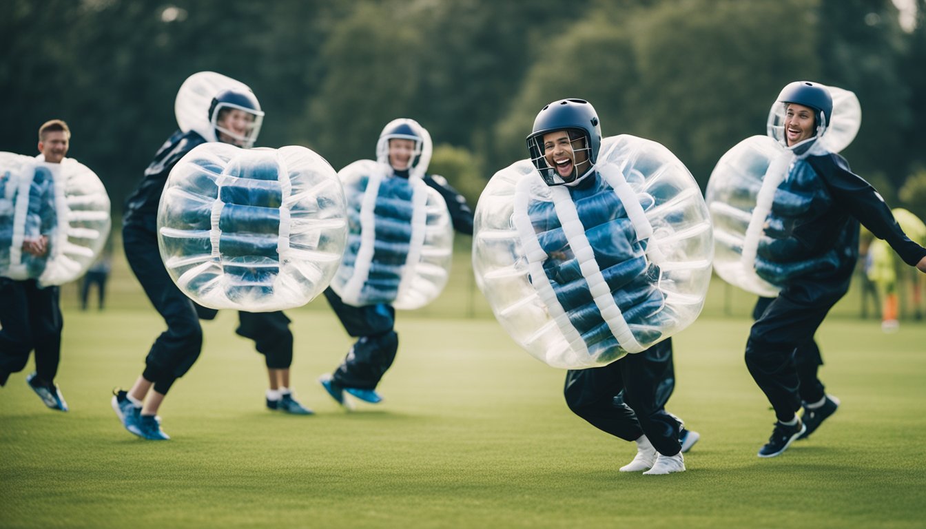 A group of players in bubble suits collide and bounce around a grassy field, laughing and cheering during a family-friendly bubble football game