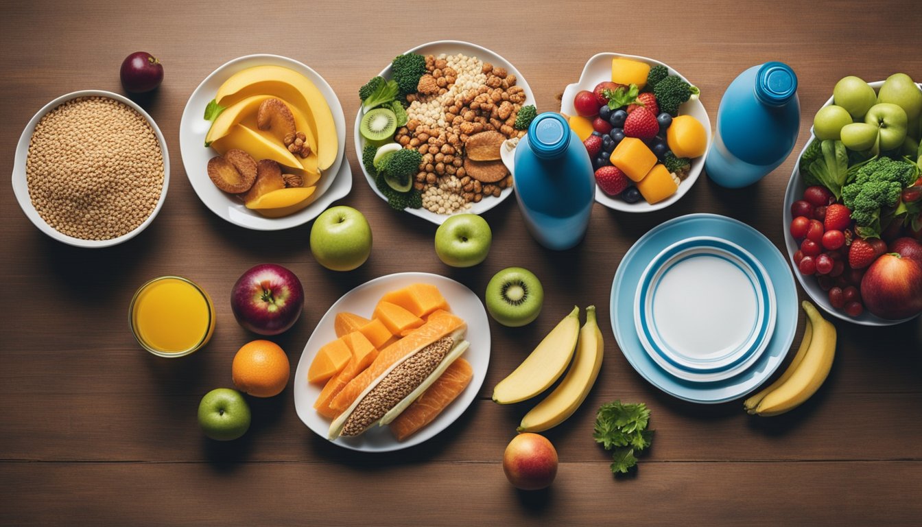 A table set with balanced meals and snacks, including fruits, vegetables, lean proteins, and whole grains. Water bottles and sports drinks are also present