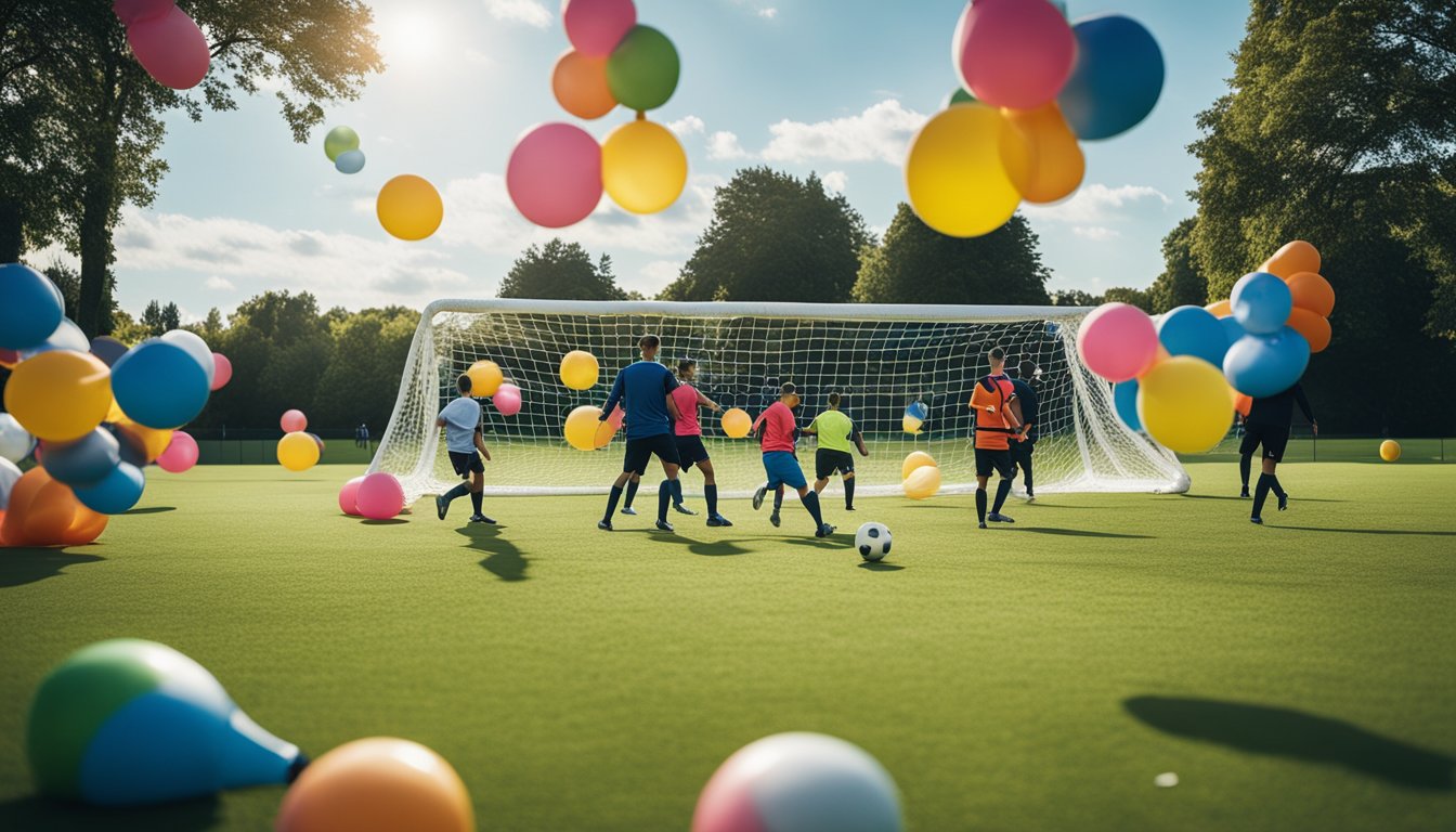 A group of people in inflatable bubbles playing soccer on a grass field, with goal posts and colorful banners set up around the perimeter