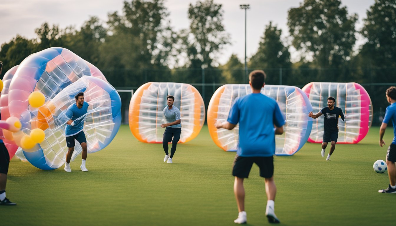 A group of people play bubble football in a grassy field, surrounded by colorful inflatable bubbles and goal posts. The event is well-organized with clear signage and equipment