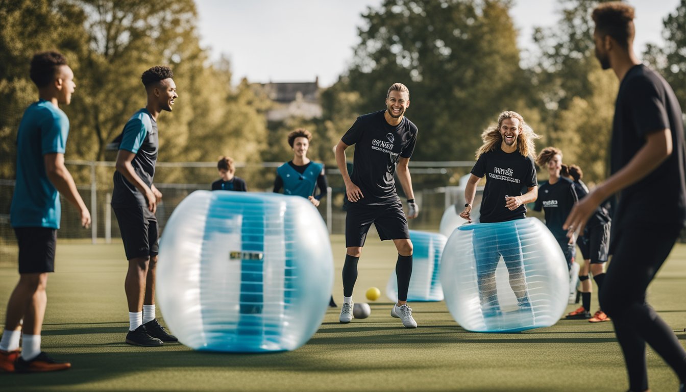 A group of people playing bubble football, surrounded by event planning essentials like tables, chairs, and a banner with frequently asked questions