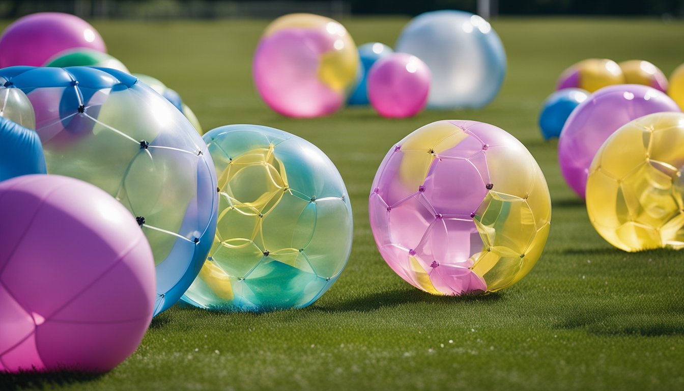 A group of colorful bubble football equipment arranged on a grassy field, including inflatable bubbles, goal posts, and soccer balls