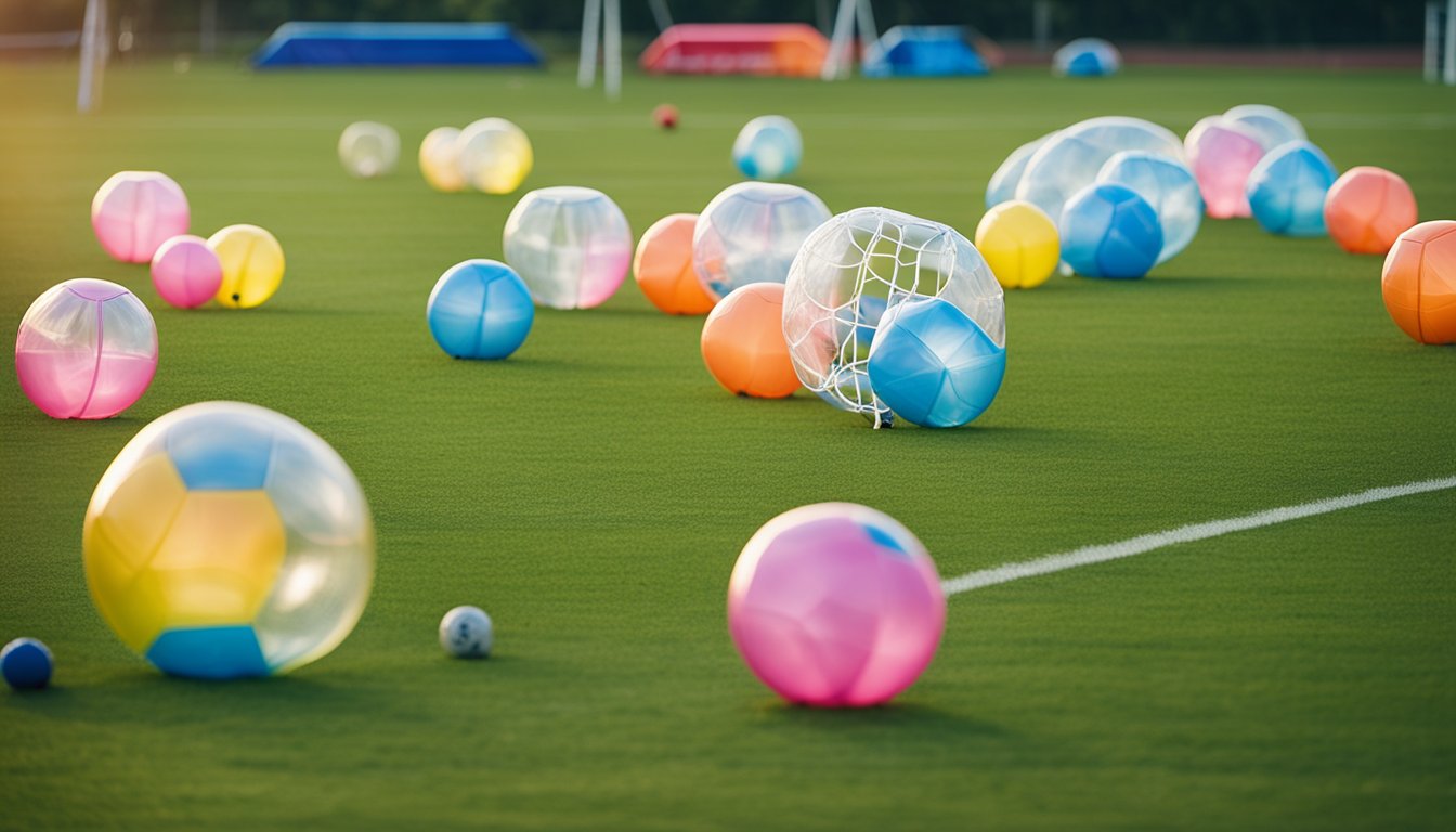 A group of colorful bubble football equipment scattered on a grassy field, including inflated bubble suits, soccer balls, and goal posts