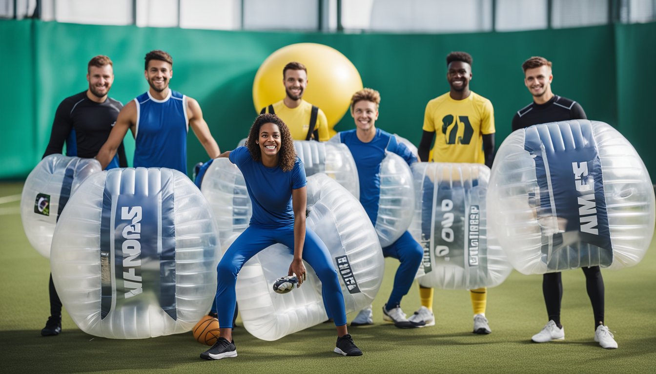 A group of beginners in bubble football gear, surrounded by various equipment, with a banner reading "Frequently Asked Questions" in the background