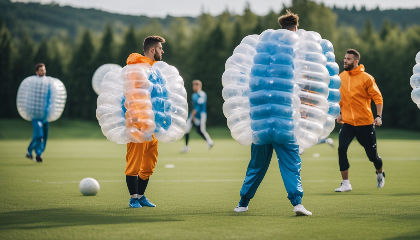 Players in bubble suits perform warm-up exercises on a grassy field, stretching and jogging to prevent injuries before a game of bubble football