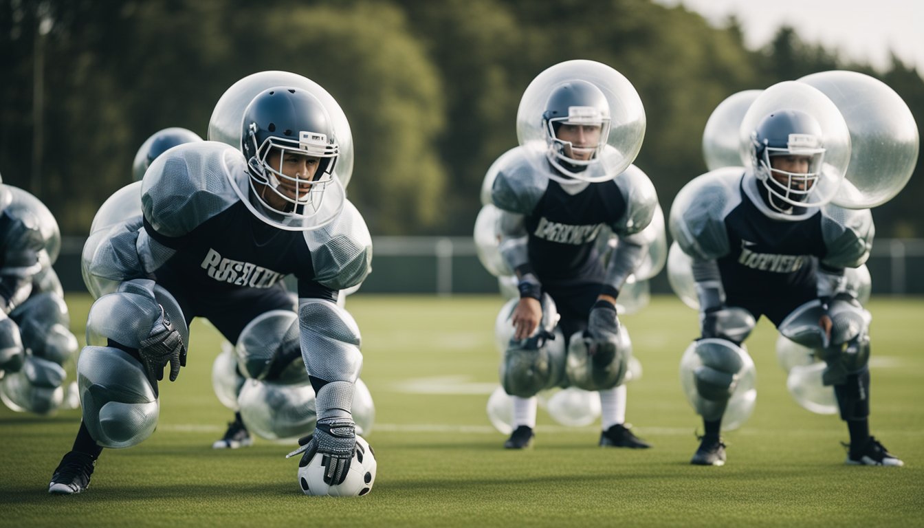 Players in bubble suits perform dynamic warm-up exercises on a grass field before a game. They focus on injury prevention and performance optimization through stretching and mobility drills