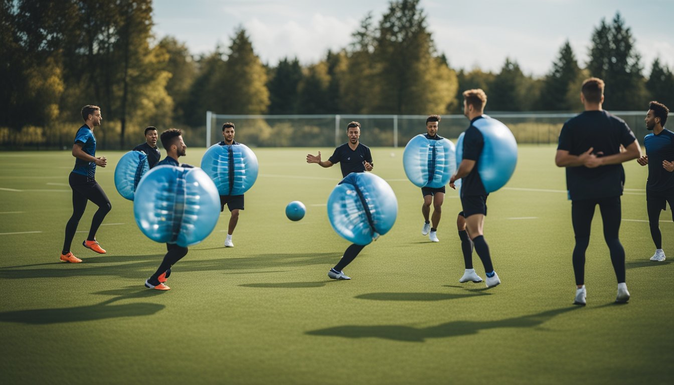 A group of bubble football players perform warm-up exercises on a grass field, stretching and jogging to prevent injuries