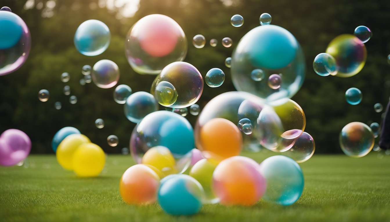 A group of colorful, inflated bubbles on a grassy field, with players inside colliding and bouncing off each other in a competitive game