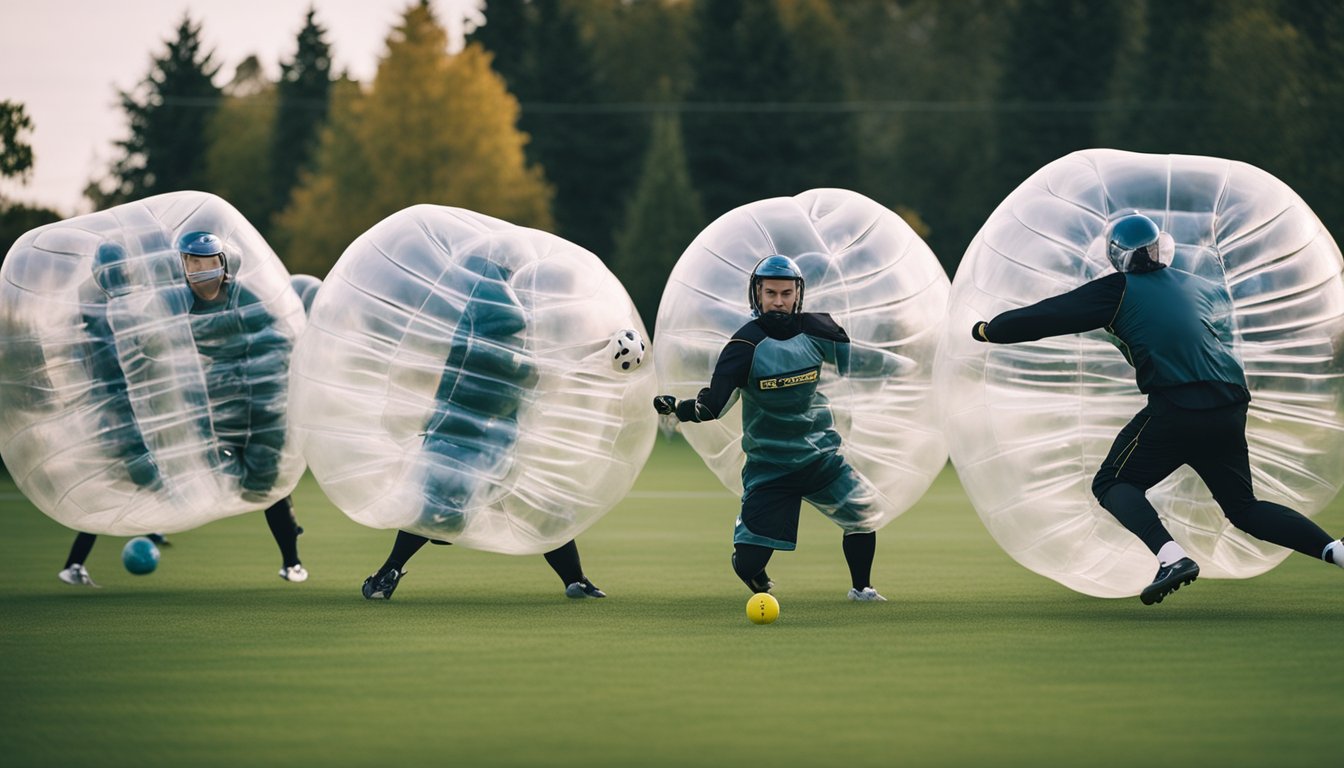 Players in bubble suits collide on a grass field, bouncing and rolling as they attempt to score goals in a lively bubble football match