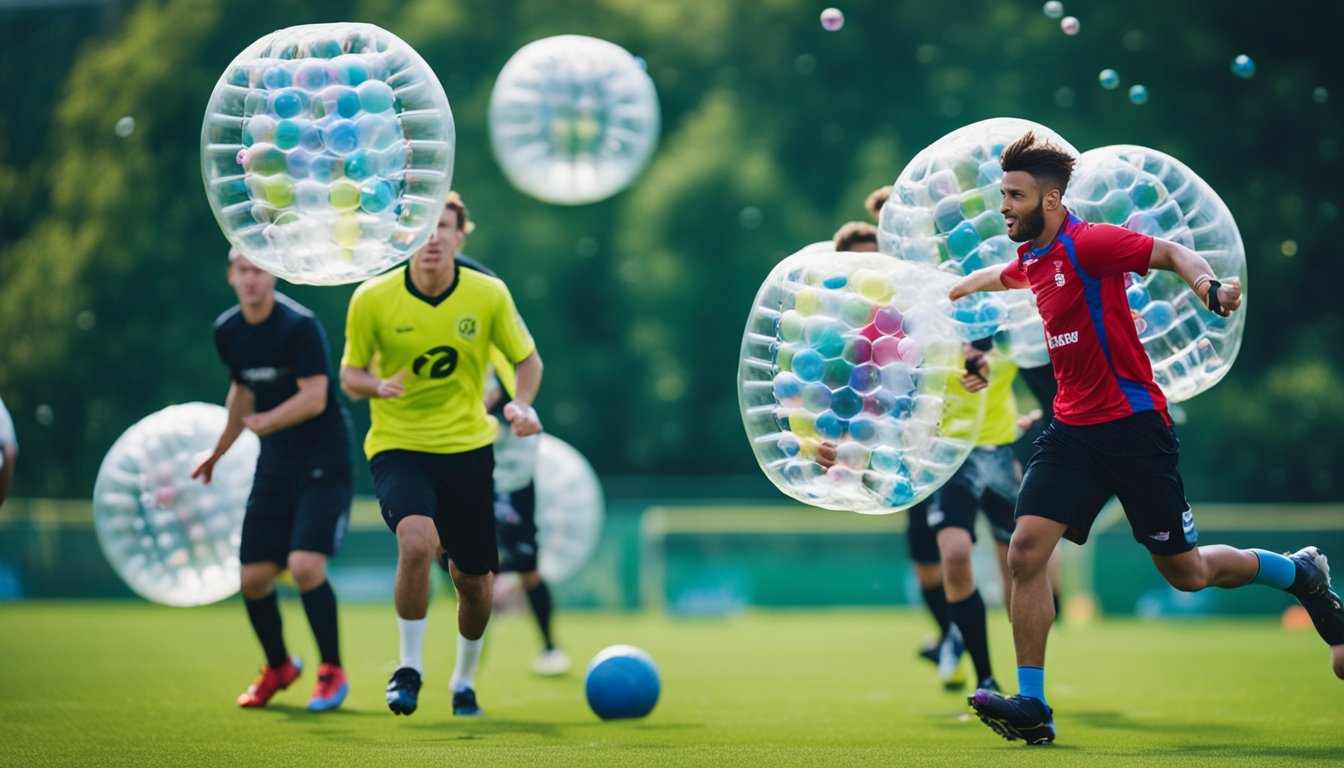 A group of bubble football teams compete on a green field in the UK, with colorful bubbles bouncing and colliding as players run and kick the ball