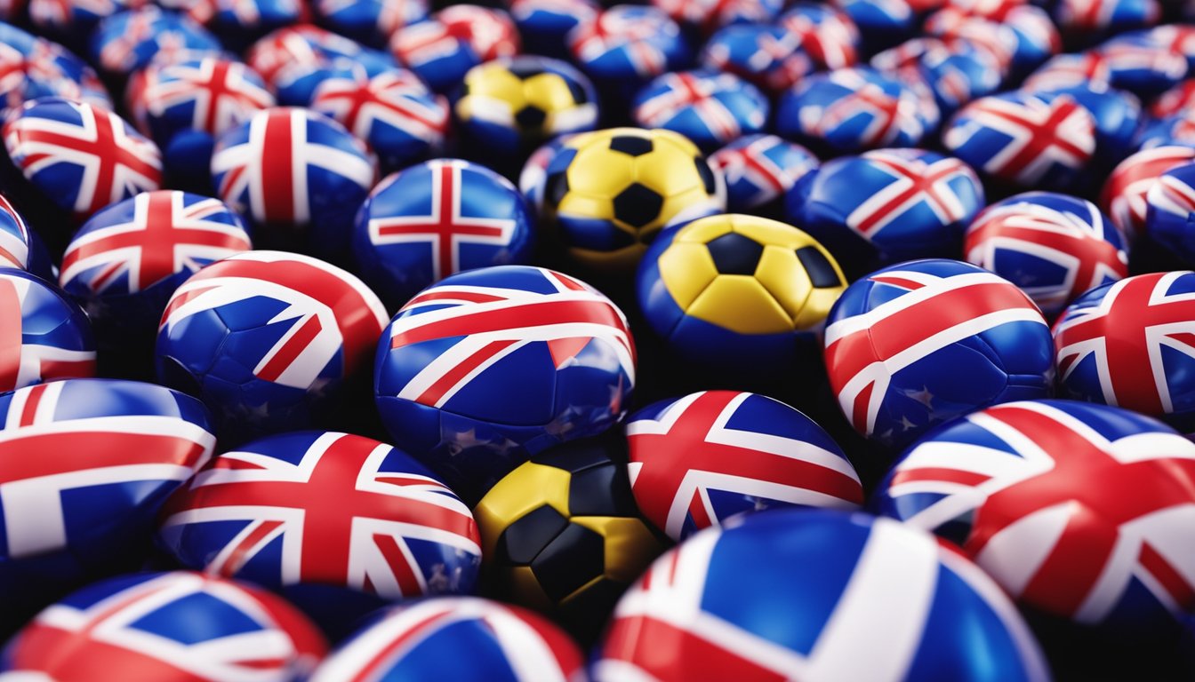 A group of colorful bubble footballs arranged in a circular formation, with the UK flag in the background