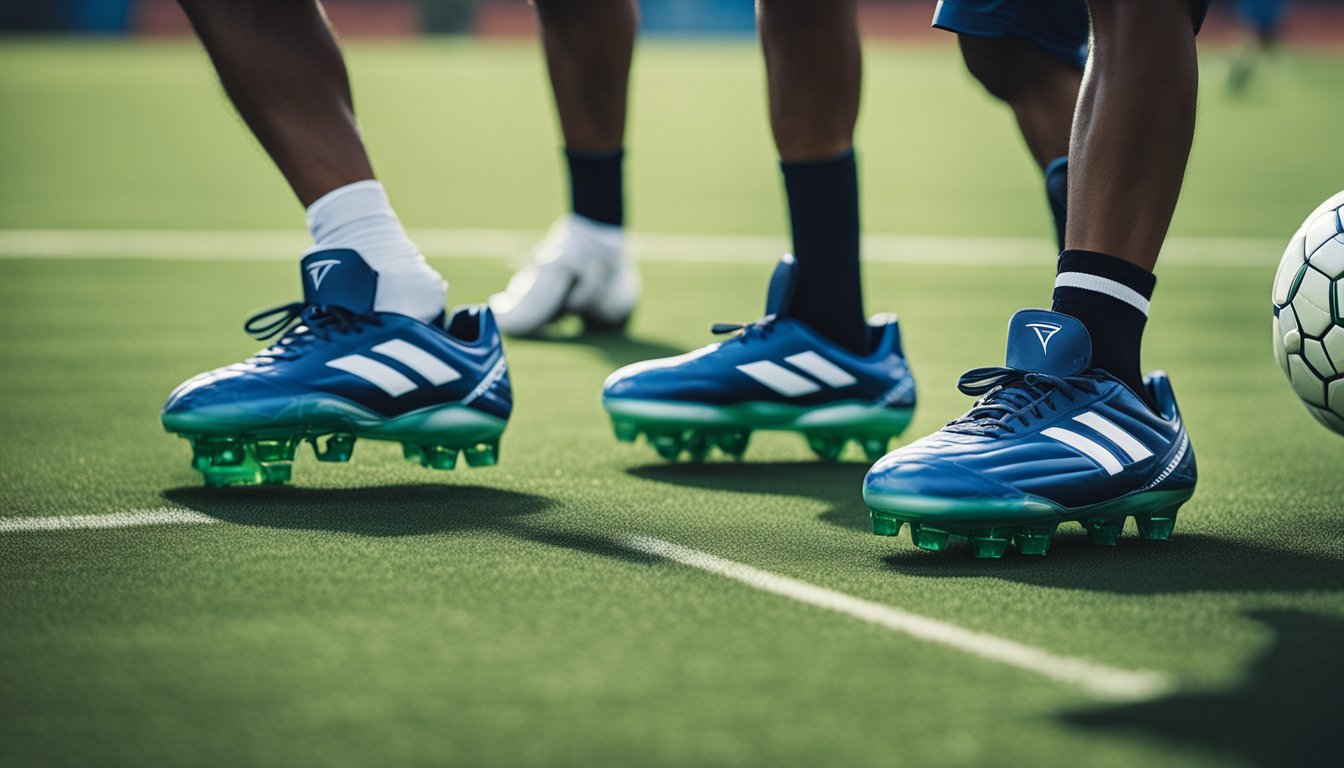 A pair of bubble football shoes with sturdy grip and cushioned comfort, set against a backdrop of a soccer field with players in action