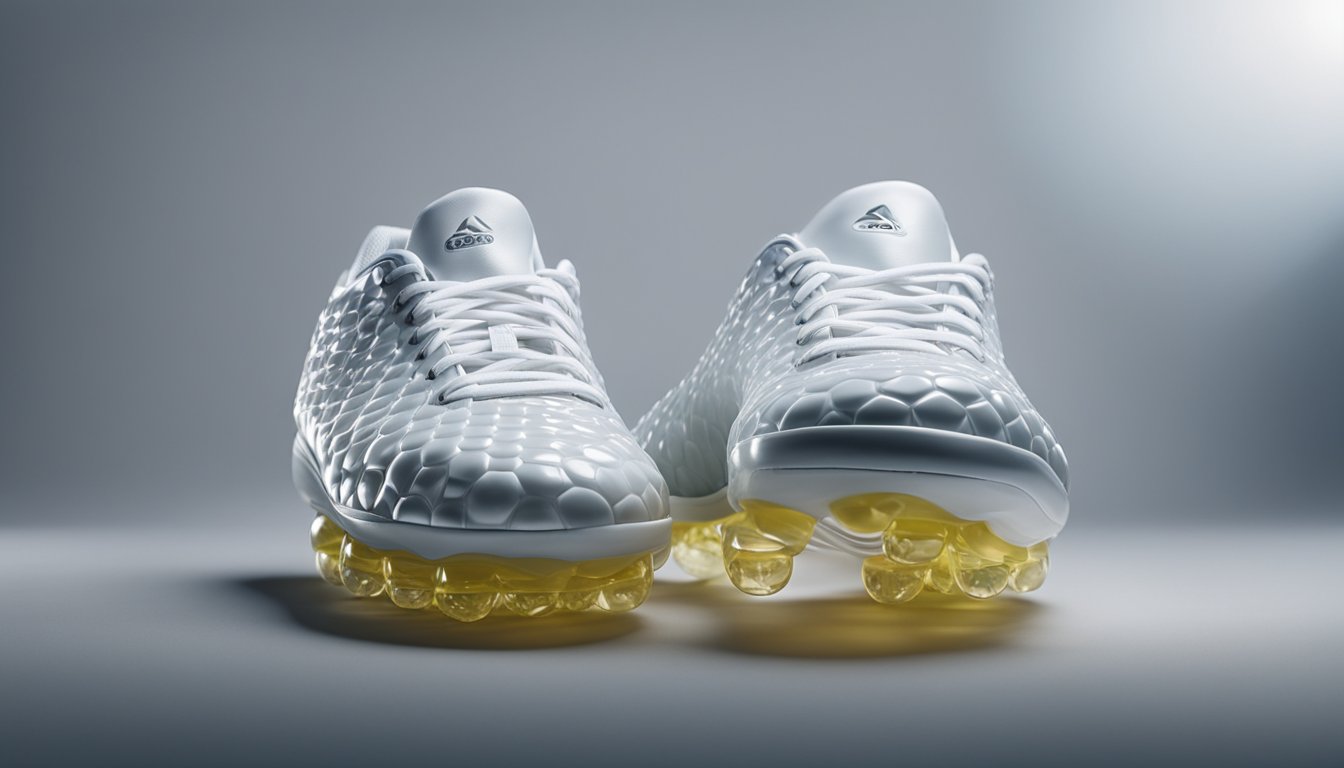 A pair of bubble football shoes with sturdy, textured soles for grip and cushioned insoles for comfort, displayed on a clean, white background