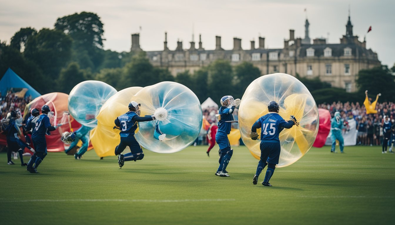 Players in bubble suits collide on a grass field, surrounded by cheering spectators and colorful banners. A lively atmosphere with a backdrop of English landmarks