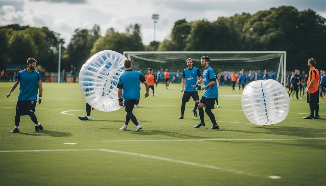 Players in bubble football gear on a grass field at a popular English venue, with goalposts and spectators in the background