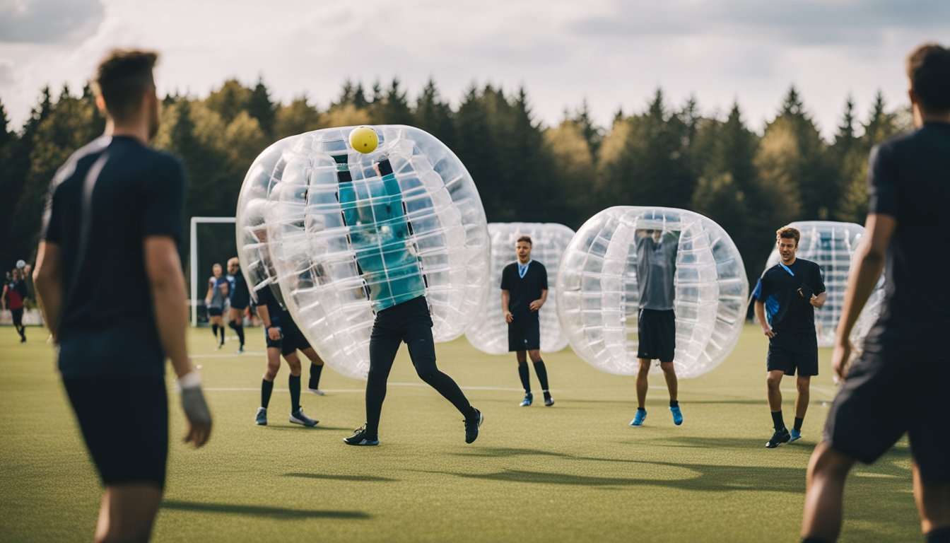 A group of people playing bubble football in a field, with goal posts and a crowd of spectators in the background