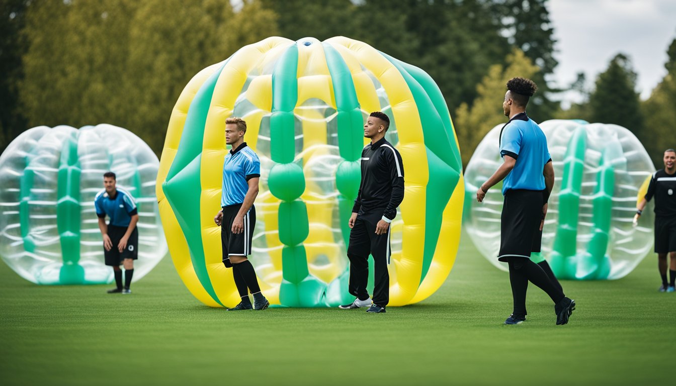 Players in bubble football gear on a grass field, with large inflated bubbles covering their bodies, and a referee blowing a whistle in the background