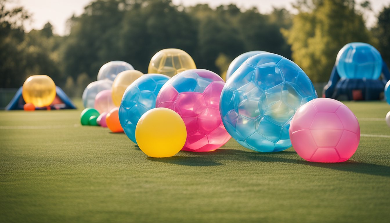 A pile of bubble football equipment including helmets, body suits, and inflatable bubbles, laid out on a grassy field with a goal in the background