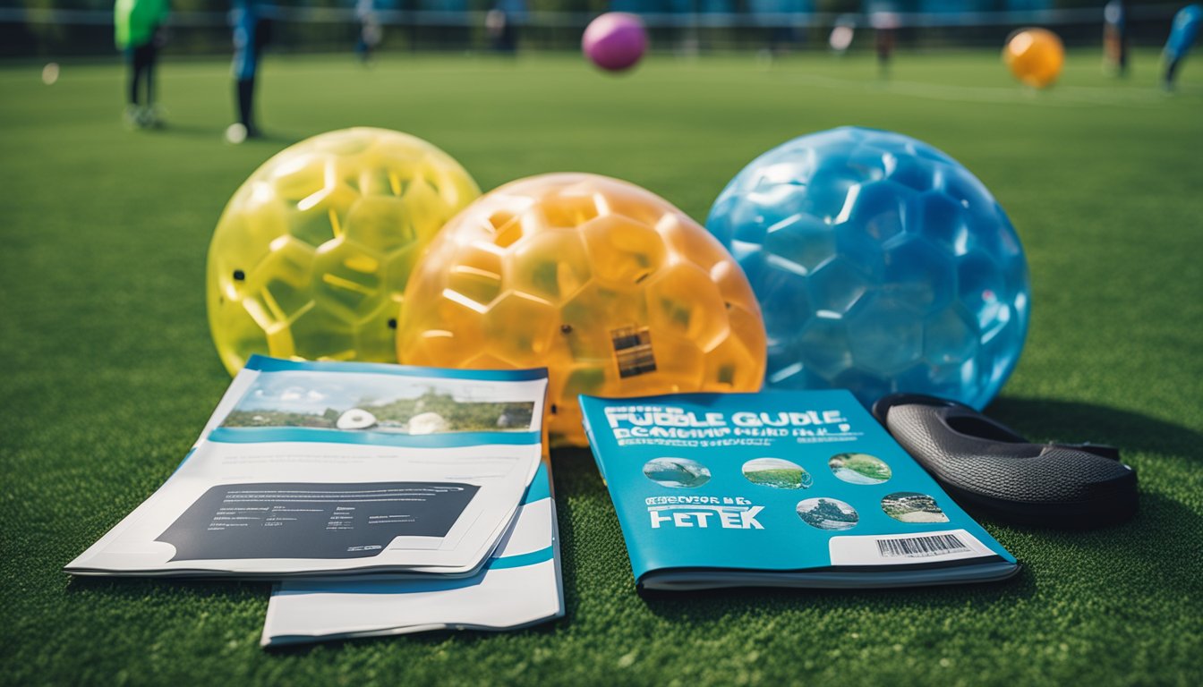 A group of bubble football equipment arranged neatly on a grassy field with a beginner's guide booklet open next to them