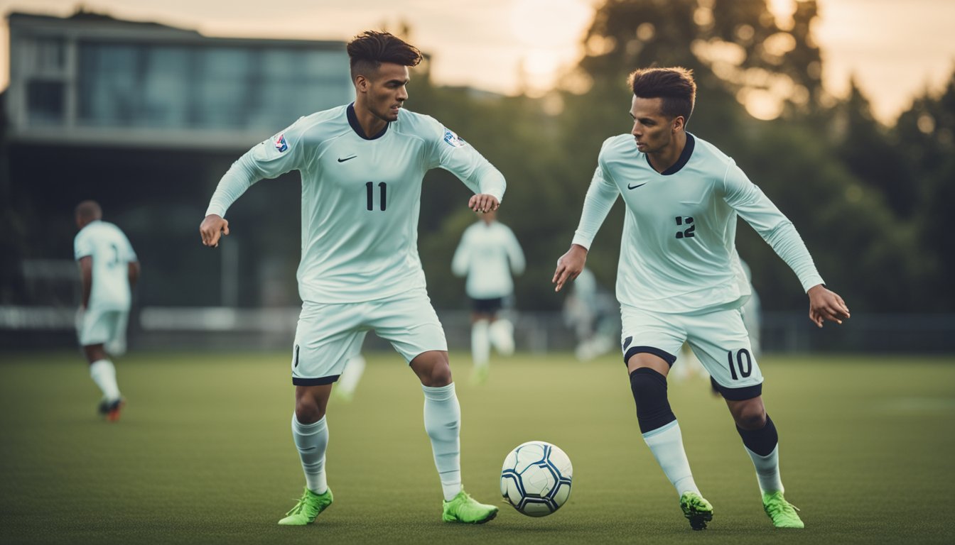 Players wearing bubble suits on a grass field, bumping into each other while trying to kick a soccer ball