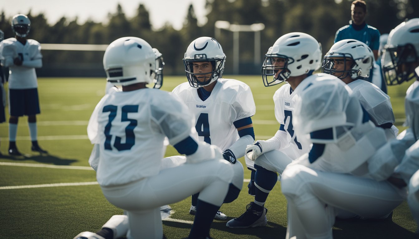 Players in bubble suits strategize on the field, practicing skills and game tactics. The coach gives tips as they prepare for their first game