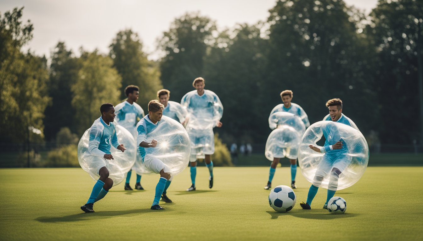 A group of players wearing bubble suits gather on a grassy field, kicking a soccer ball and colliding with each other in a lighthearted game