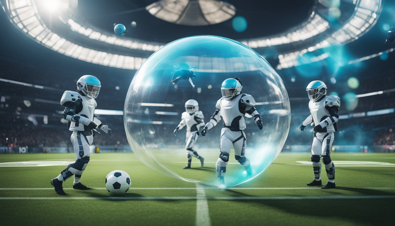 Players in futuristic bubble suits play football on a holographic field, surrounded by high-tech equipment and flying drones capturing the action