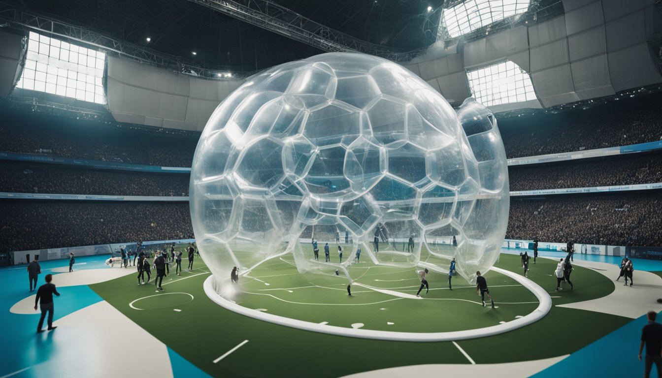 A futuristic bubble football arena with advanced technology and innovative equipment, surrounded by a crowd of spectators, and overseen by a governing body