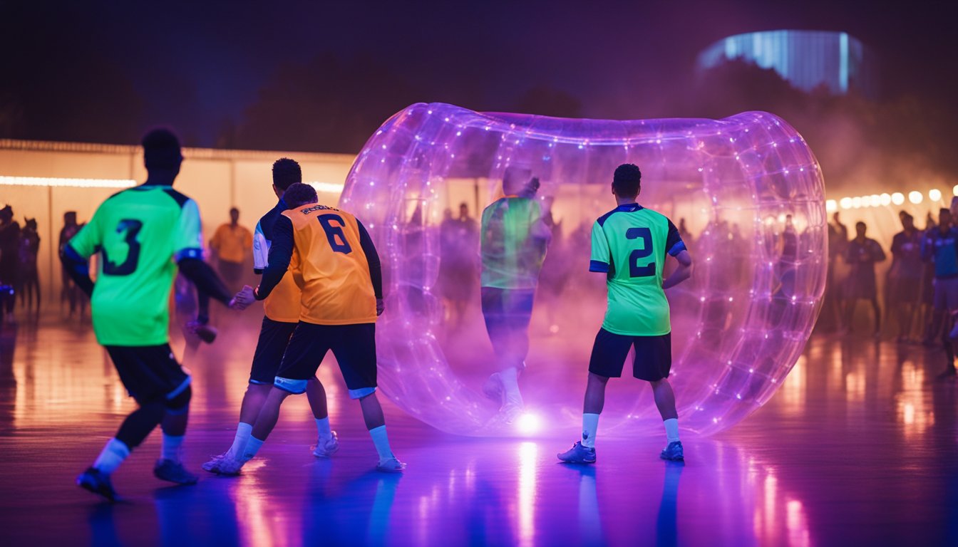 Players in bubble football gear engage in a match on a futuristic, neon-lit field as spectators watch from the sidelines